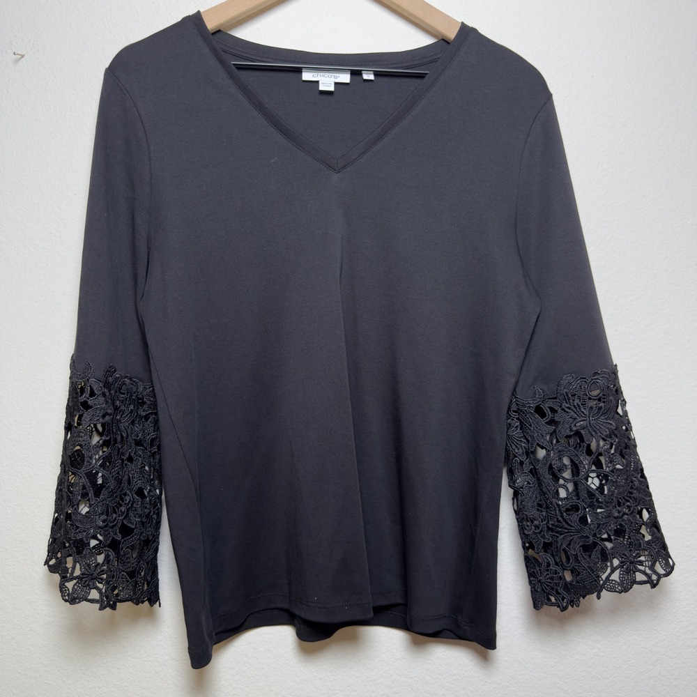 Chico's Women Cotton Top Medium Black V-Neck Lace Crochet Bell Sleeve Blouse